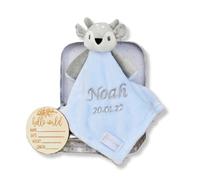 Hoolaroo Personalised Baby Boy Gifts New Born Baby Gifts Boy Bay Comforter Personalized Blue Shower Deer In Box With Wooden Milestone Card Baby Comforter Personalised Gifts for Newborn Baby Boy