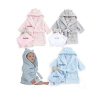 Hoolaroo Personalised Baby Dressing Gown Embroidered Baby Robe Present Custom New Baby Gift Set Grey 6-12 Months + White Elephant Comforter
