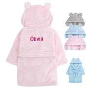 Hoolaroo Personalised Baby Dressing Gown New Born Baby Present Baby Bath Robe With Teddy Ears Embroidered With Name Special Custom Gift Newborn Boy or Girl 1st Birthday Gifts