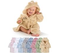 Hoolaroo Personalised Baby Dressing Gown New Born Baby Present Unisex Bath Robe With Teddy Ears Embroidered With Name Special Custom Gift Newborn Boy or Girl Toffee 12-18