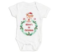 Hoolaroo Personalised Baby First Christmas Baby Grow Santa's Reindeer Bodysuit 1st Xmas Outfit 2024 Cotton BabyGrow Vest Girl Boy Unisex Gift Name 9-12 Months