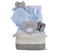 Hoolaroo Personalised Baby Gift Basket for Boys Blue Baby Gift Hamper Newborn Embroidered Elephant Comforter Blanket Boy Special Unique Soft Cute