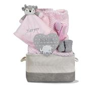 Hoolaroo Personalised Baby Gift Hamper for Girls Pink Gift Hamper Newborn Embroidered Deer Comforter Shower Special Unique Nappy Caddy Gift Set