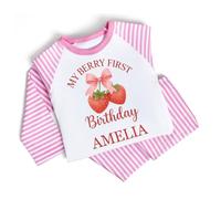 Hoolaroo Personalised Berry First 1st Birthday Pyjamas for Toddler Girl - Pink Stripe Custom PJs - 6-12 Months - Strawberry Themed First Birthday Sleepwear Gift