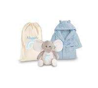Hoolaroo Personalised Blue Baby Dressing Gown Gift Set with Elephant Bag - Rainbow Design for Newborn Boy 18-24 Months