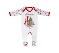 Hoolaroo Personalised Christmas Sleepsuit Pyjamas for Kids - My First Christmas 2025 Xmas PJS with Bunny Rabbit Design 1st 3-6 Months White
