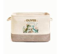 Hoolaroo Personalised Dinosaur Kids Toy Box Storage Caddy Basket Canvas With Handles - Fun Dino Print Organiser Bin for Bedroom Nursery Playroom Size Small 30cm