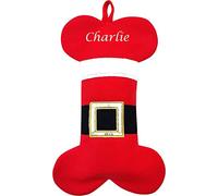 Hoolaroo Personalised Dog Christmas Stocking Embroidered With Name Xmas Santa Pet Stockings Bone Shaped Santa Belt Style Red