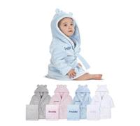 Hoolaroo Personalised Embroidered Baby Robe Dressing Gown Personalised Blanket Fleece Soft Cosy Present Custom Newborn Gift Set 12-18 Months + Blue Waffle Blanket