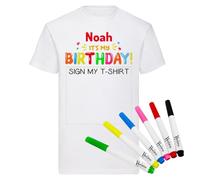 Hoolaroo Personalised It's My Birthday T-Shirt with Pens - Fun Birthday Outfit for Age 1-11 - Customisable Sign Birthday Shirt Keepsake Age 2-3 Years White