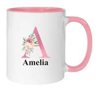 Hoolaroo Personalised Mug Gift for Women, Pink 11oz Letter Name Flower Present for Mum Nanny Nan Girl Coffee Tea - Floral Pink