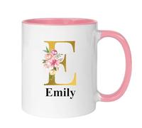 Hoolaroo Personalised Mug Gift for Women, Pink 11oz Letter Name Flower Present for Mum Nanny Nan Girl Coffee Tea - Floral Gold