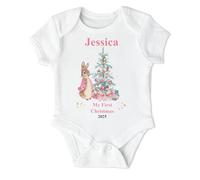 Hoolaroo Personalised My First Christmas Bodysuit 1st Babygrow Girl Pink Xmas Bunny - Custom Newborn Outfit for Baby Girl’s First Christmas 0-3 Months