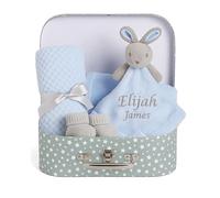 Hoolaroo Personalised New Baby Hampers Gift Set - Boy Unique Suitcase Memory Box Cute Soft Newborn Gifts Boy Congratulations Milestone Blue Bunny Comforter Blanket