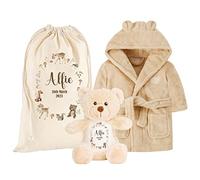 Hoolaroo Personalised Teddy Bear Baby Dressing Gown Gift Set for Newborns, Boys and Girls 1st Birthday Shower Christening Includes Personalised Teddy Bear Robe and Customised Gift Bag (0-6 Months)