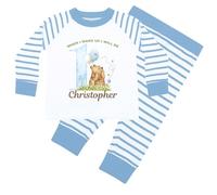 Hoolaroo When I wake Up I Will Be 1 2 3 4 5 Personalised Birthday Pyjamas for Boy Blue Stripe Honey Bear Design PJs Age 6-12 Months