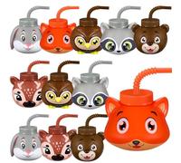 Hoolerry 12 Sets Forest Woodland Animal Party Favor Supplies Cups with Lids and Straws,10 oz Party Favor Cups for Gender Reveal Baby Shower Woodland Party and Birthday Party Supplies