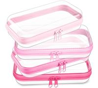 Hoolerry 4 Pcs Hard Clear Zipper Case Makeup Bags Plastic Pencil Pouch Transparent Storage Box Containers for Cosmetics, Snacks, Building Blocks, Puzzles, Pink, 7.5 x 3.9 x 2 in