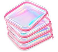 Hoolerry 4 Pcs Hard Clear Zipper Case Makeup Bags Plastic Pencil Pouch Transparent Storage Box Containers for Cosmetics, Snacks, Building Blocks, Puzzles(Pink Laser,9.8 x 7.9 x 2 in)