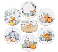 Hoolerry Set of 6 Thanksgiving Coasters for Drinks Fall Watercolor Pumpkin Coasters Autumn Pine Wood Round Wooden Cup Holder Mat Warming Gifts for Harvest Christmas Home Decor Table Desk Kitchen