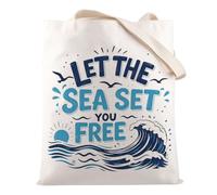 HOOLP Coastal Ocean Wave Tote Bag Let The Sea Set You Free Shoulder Bag Beach Vacation Shopping Bag, Set You Free B, L