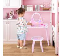 HOMCOM Kids Dressing Table Girls Pink Wooden Kids Dressing Table & Stool Make Up Desk Chair Toys Fairy Dresser Play Set w/Mirror Aosom UK