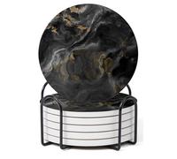 Hoomey Set of 6 Abstract Black Marble Coasters with Holder, Absorbent Ceramic Coasters for Drinks, Coasters with Cork Backing for Table Protection, Housewarming Gifts for New Home