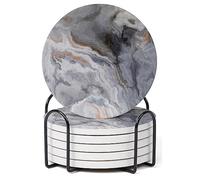 Hoomey Set of 6 Abstract Dark Blue Marble Coasters with Holder, Absorbent Ceramic Coasters for Drinks, Coasters with Cork Backing for Table Protection, Housewarming Gifts for New Home