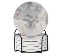Hoomey Set of 6 Abstract Gray White Marble Coasters with Holder, Absorbent Ceramic Coasters for Drinks, Coasters with Cork Backing for Table Protection, Housewarming Gifts for New Home