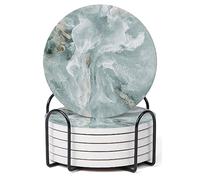 Hoomey Set of 6 Abstract Marble Coasters with Holder, Absorbent Ceramic Coasters for Drinks, Coasters with Cork Backing for Table Protection, Housewarming Gifts for New Home