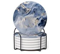 Hoomey Set of 6 Abstract Navy Blue Marble Coasters with Holder, Absorbent Ceramic Drink Coasters for Table Protection, Housewarming Gifts for New Home