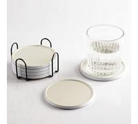 Hoomey Set of 6 Beige Coasters with Holder, Absorbent Ceramic Drink Coasters with Cork Backing for Table Protection, Table Decor, Housewarming Gifts