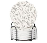 Hoomey Set of 6 Floral Ivory and Gray Coasters with Holder, Absorbent Ceramic Drink Coasters with Cork Backing for Table Protection, Coffee Table Décor