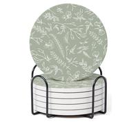 Hoomey Set of 6 Floral Sage Green Coasters with Holder, Absorbent Ceramic Drink Coasters with Cork Backing for Table Protection, Coffee Table Décor