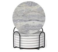 Hoomey Set of 6 Light Gray Abstract Onyx Marble Coasters with Holder, Absorbent Ceramic Drink Coasters for Table Protection, Coffee Table Decor