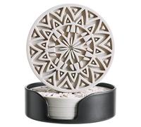 Hoomey Set of 6 Light Taupe Silicone Coasters with Holder, Drink Coasters with Tribal Pattern Shape- for Table Protection, Anti Slip, Nonstick, Heat Resistant, Deep Tray