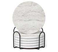 Hoomey Set of 6 Off White Abstract Onyx Marble Coasters with Holder, Absorbent Ceramic Drink Coasters for Table Protection, Coffee Table Decor