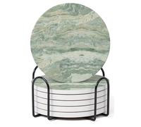 Hoomey Set of 6 Sage Green Abstract Onyx Marble Coasters with Holder, Absorbent Ceramic Drink Coasters for Table Protection, Coffee Table Decor