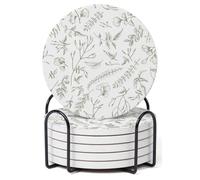 Hoomey Set of 6 Sage Green Vintage Floral Coasters with Holder, Absorbent Ceramic Drink Coasters with Cork Backing for Table Protection, Table Decor, Housewarming Gifts