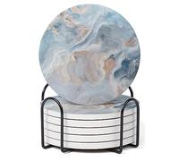 HoomeySet of 6 Abstract Blue Marble Coasters with Holder, Absorbent Ceramic Coasters for Drinks, Coasters with Cork Backing for Table Protection, Housewarming Gifts for New Home