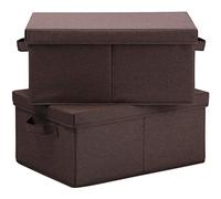 HOONEX Linen Foldable Storage Bins with Lids, 2 Pack, Storage Boxes with Carrying Handles and Sturdy Heavy Cardboard, 16.5" L x 11.8" W x 7.5" H for Shoes, Clothes, Brown