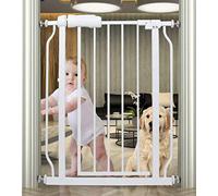 HOOOEN Small Narrow Baby Gate for Stairs, Doorways, Hallways 24-29 Inch Wide, White, Metal, Pressure Mounted, Auto Close, One Hand Operation, Kids or Pets