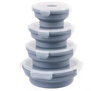 Hooolee® Set of 4 Foldable Food Storage Containers, Rounded Storage Containers with Lid, Bento Box, Made of Silicone, Foldable Lunch Box Container for Microwave, Fridge and Freezer Lunch Box, Blue