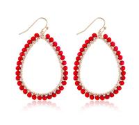 Hoop Earrings Beaded Teardrop Dangling, Sparkly Crystal Summer Earrings Personalized Earrings Beaded Statement Earrings Bohemian Accessories Gifts for Women (Red)
