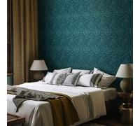 Hoopla Walls Damask Trail - Rich Teal 10m Wallpaper