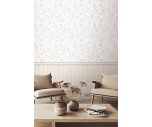 Hoopla Walls Tongue & Groove Floral Toile- Washed White 10m Wallpaper Hoopla Walls White 10m