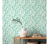 Hoopla Walls Watercolour Leaves - Aqua & Chalk 10m Wallpaper