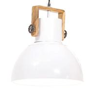 Hoopleep Industrial Hanging Lamp, White Powder-Coated Iron & Mango Wood, 40cm Round E27 Ceiling Fixture, 25W Max, Rustic Farmhouse Pendant Light for Dining Room, Kitchen Island