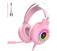 Hoopond G29 Pink PC Gaming Headset for PC, PS4, PS5, Xbox one, Switch,Smart Phones, 3.5mm Wired Over-Ear Headphones with Noise Cancelling Microphone, Soft Memory Earmuffs with RGB LED Light