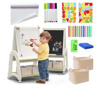 hoopyosms 3-in-1 Adjustable Kids Art Easel with Paper Roll, Double-Sided Whiteboard & Chalkboard, Includes Drawing Accessories, Ideal for Creative Play, Green